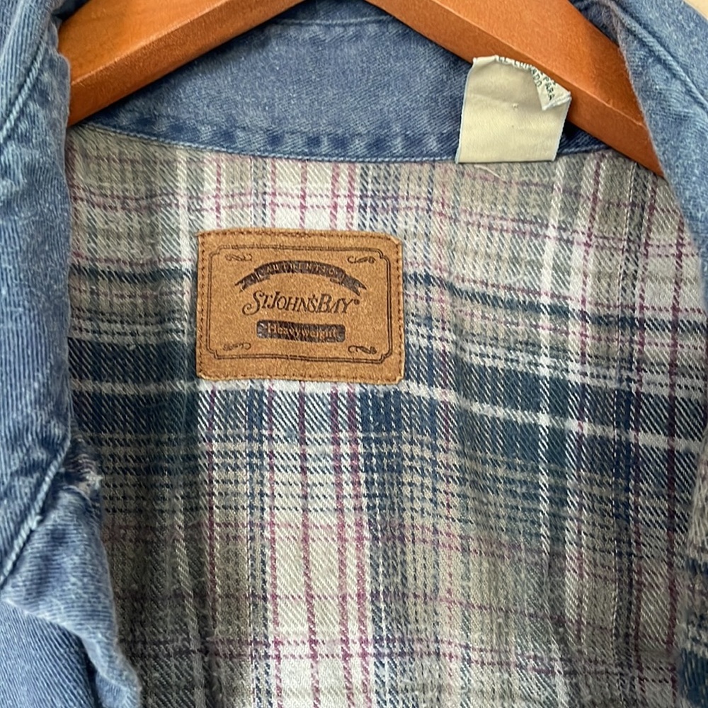 St. John's Bay Blue Denim-Look Button Shirt with Plaid Lining - Picture 3 of 3